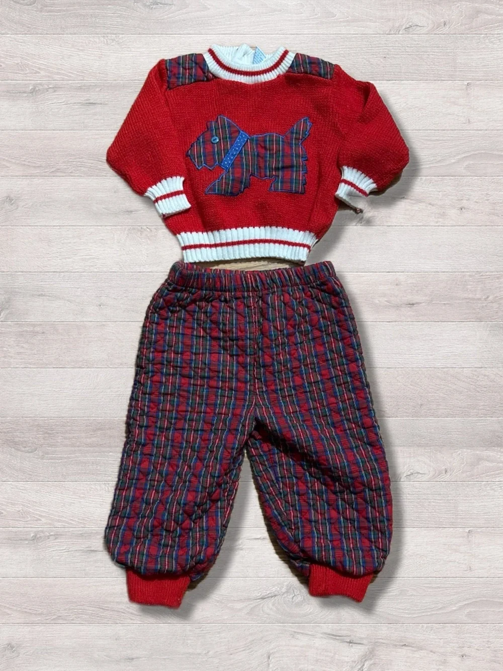 Vintage 90s Half Moon Scottish Terrier Knit Matching Set Outfit 18 Months